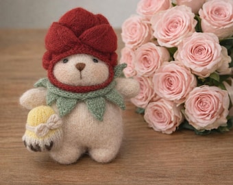cashmere knitted bear doll, amigurumi doll with rose cap, handmade gift for kids or collectors, soft knit decor