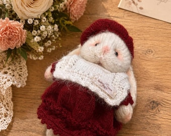 Knitted Bunny with Red Dress | Handmade Plush Toy, Gift for Kids or Collectors
