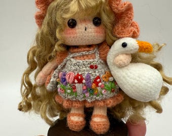 Micro Crocheted Art Doll with Goose | Soft Yarn Plush Body & Wool Yarn Outfit with embroidery | One of a Kind Fiber Doll | Gift Ready