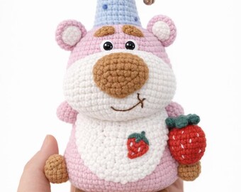 Crochet Pink Bear Amigurumi | Handmade Cute Toy, Strawberry Decor, Small Gift Idea