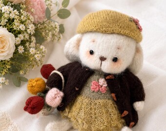 Knitted Bunny with Tulip Basket | Easter Decor, Spring Gift, Handmade Soft Toy