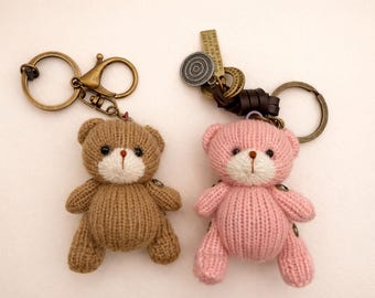 Hand Knitted Teddy Bear Keychain, Wool Yarn Bear Charm, Single or Pair Gift for Couple & Friends, Handmade Bag Charm