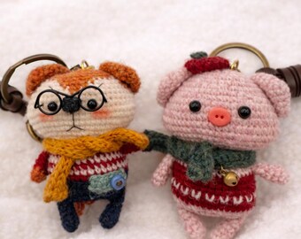 Wool Crochet Fox and Pig Keychain Set | Couple & Best Friend Gift | Matching Animal Bag Charms | Gift Ready