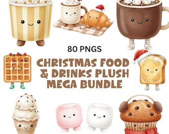 May include: A collection of whimsical Christmas food and drink plushies, including popcorn, hot chocolate, a waffle, ice cream, marshmallows, and a muffin. The image includes the text "CHRISTMAS FOOD & DRINKS PLUSH MEGA BUNDLE" and "80 PNGS".