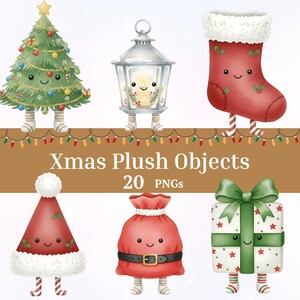 May include: A collection of Christmas-themed plush objects, including a decorated tree, lantern, stocking, Santa hat, gift bag, and present. The objects have smiling faces and striped legs. The text "Xmas Plush Objects 20 PNGs" is displayed.
