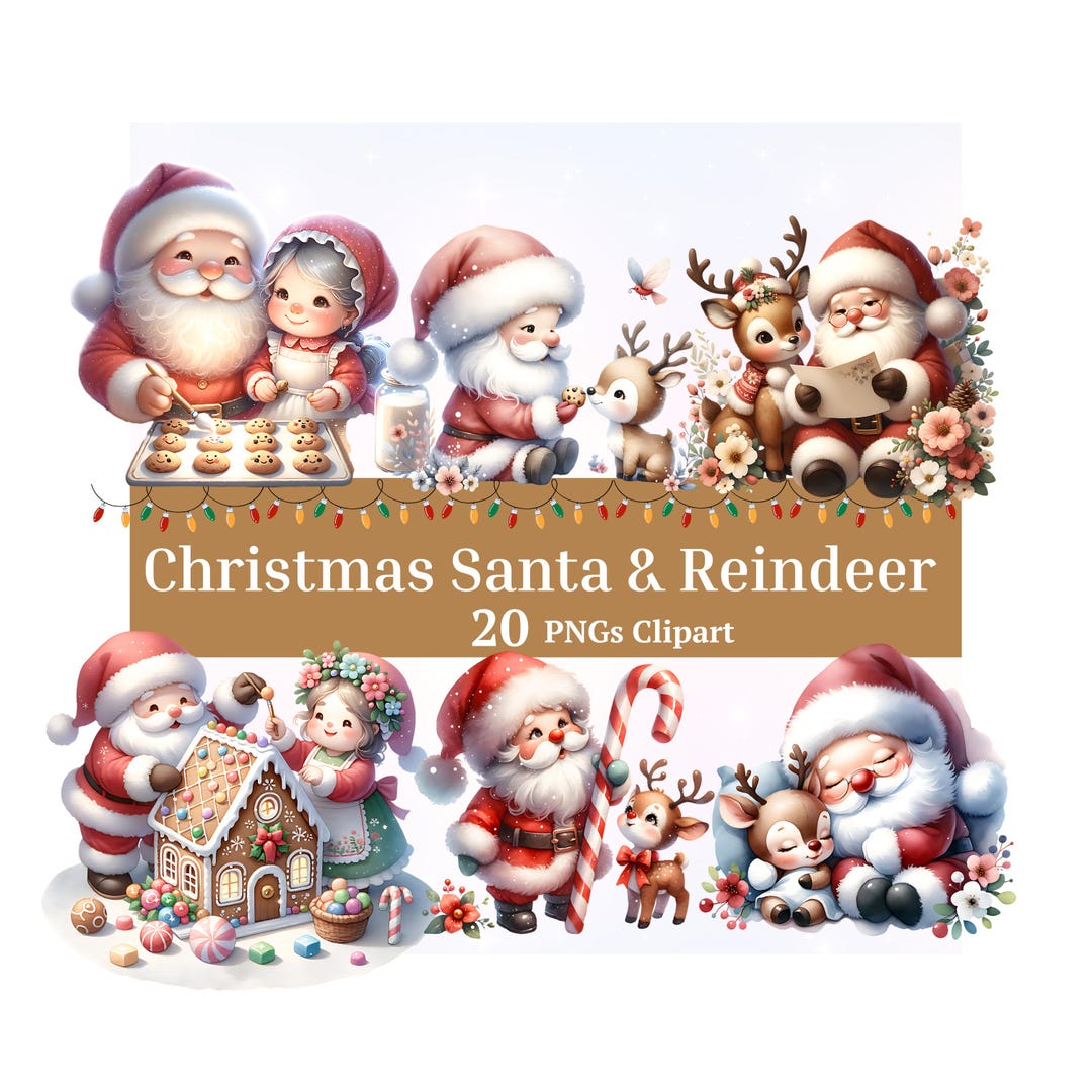 Watercolor Santa and Reindeer Clipart, Whimsical Christmas PNG Set (20 ...