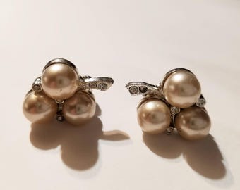 Vintage Silvertone Clip On Earrings, Faux Pearls & Rhinestones