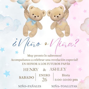 Invitación para revelar el género de un osito de peluche, rosa y azul (plantilla de Canva, descarga digital), editable en Canva, español