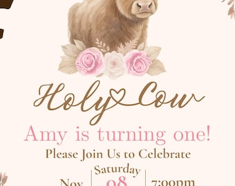 Cow Birthday Invitation | Pink Farm Theme, Editable Canva Template (Digital Download)