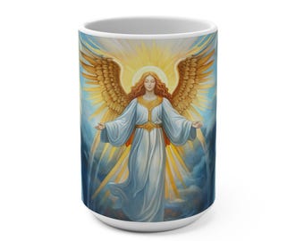 Caneca com Ilustração de Anjo Radiante | Caneca de Cerâmica Espiritual para Café de 443ml