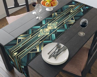 Art Deco Geometric Pattern Table Runner | Teal Gold Centerpiece