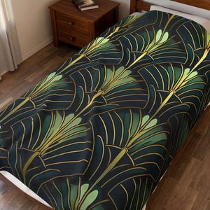 Art déco en velours côtelé à motif éventail | Jeté géométrique or vert