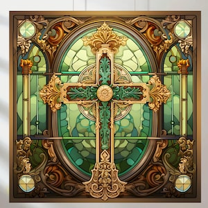 May include: A detailed stained glass window featuring a gold and green cross at the center. The cross is ornate with leaf-like designs. The background is a mix of green and gold glass, framed by a brown border with decorative elements.