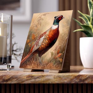 Pheasant Illustration Ceramic Photo Tile | Vintage Game Bird Art