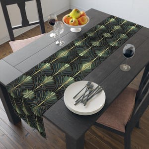 Art Deco Fan Pattern Table Runner | Green Gold Geometric Dining Decor