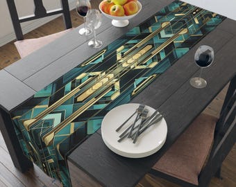 May include: A rectangular table runner featuring a geometric pattern in shades of teal, black, and gold. The design consists of repeating angular lines and shapes that run the length of the fabric, creating a structured and symmetrical visual effect.