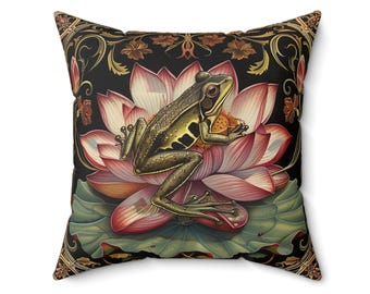 Frog on Lotus Pillow | Decorative Square Throw Pillow, Botanical Vintage Style