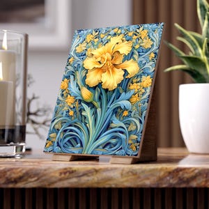 Gele iris art nouveau keramische fototegel | Botanische decoratie in William Morris-stijl
