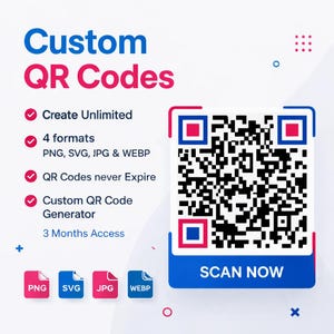 Op de afbeelding: Promotionele afbeelding voor aangepaste QR-codes. Het ontwerp toont een grote zwart-wit QR-code met rode en blauwe accenten. Tekst omvat "Custom QR Codes", "Create Unlimited", "4 formats" en "Scan Now".