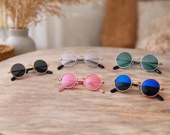 Gafas de sol redondas vintage para mascotas, lentes reflectantes, accesorio para perros pequeños y gatos.