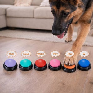 Puede incluir: Un perro pastor alemán interactúa con un conjunto de seis botones de comunicación de colores. Los botones están etiquetados como "Hug", "Food", "Water", "Play", "Play" y "W". Los botones tienen bases negras y tapas de colores: morado, turquesa, rojo, rosa, naranja y azul.