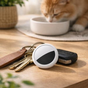 Op de afbeelding: Een wit en zwart rond trackingapparaat, een set sleutels en een autosleutelhanger liggen op een houten oppervlak. Een oranje tabby kat is op de achtergrond in de buurt van een witte kom. Een leren sleutelhanger is aan de sleutels bevestigd.