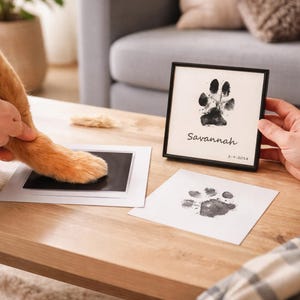 Pode incluir: Uma moldura preta com uma impressão de pata, o nome "Savannah" e a data 3-4-2014. A pata de um animal está sendo entintada para criar uma impressão em papel. A imagem está em uma mesa de madeira.