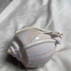 Może przedstawiać: Ceramiczny przedmiot dekoracyjny w kształcie muszli z błyszczącym wykończeniem. Obiekt charakteryzuje się paletą barw jasnej lawendy i delikatnego beżu, z wypukłymi żebrowaniami oraz spiralnym wierzchołkiem, tworząc gładką i odblaskową powierzchnię.