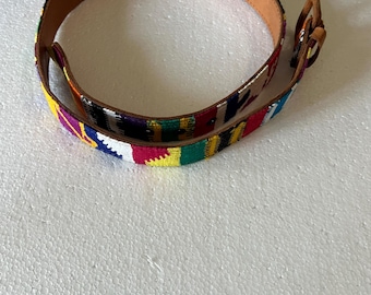 Vintage Guatemalan Multicolor Woven Leather Belt 34 size