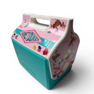 May include: A teal and pink cooler with a white handle. The cooler features a pink striped pattern with frog and skull illustrations. The top of the cooler has the text "HONEYDUKES" in a diamond-shaped design.
