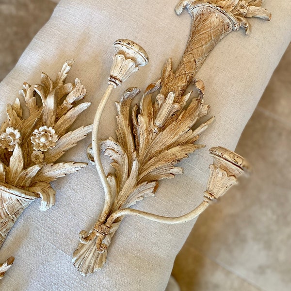 Vintage Florentine Candle Sconces, Pair, Cream and Gilt, Made in Italy