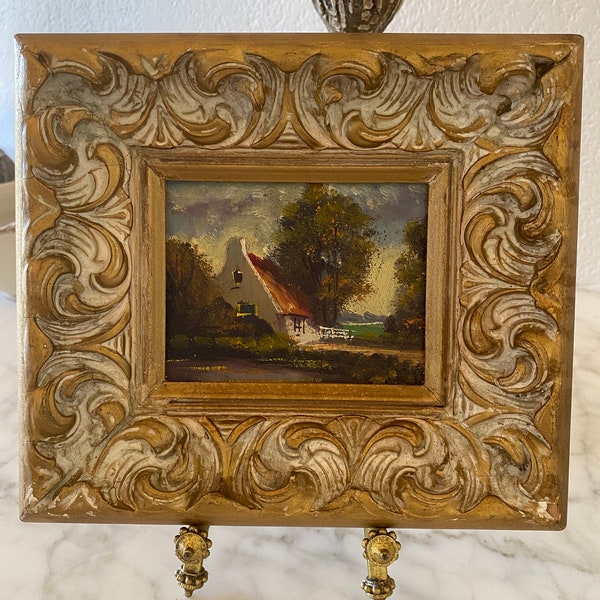 Vintage Framed Painting on Wood, French Countryside