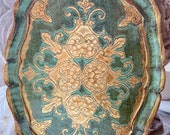 Florentine Gilt and Wood Tray, STUNNING Colors, Made in Italy, Seafoam Green
