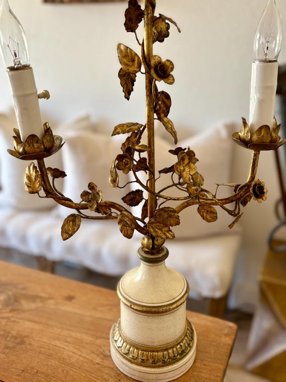Vintage Italian, Hollywood Regency, Toleware Candelabra Table Lamp, Mid Century Italy