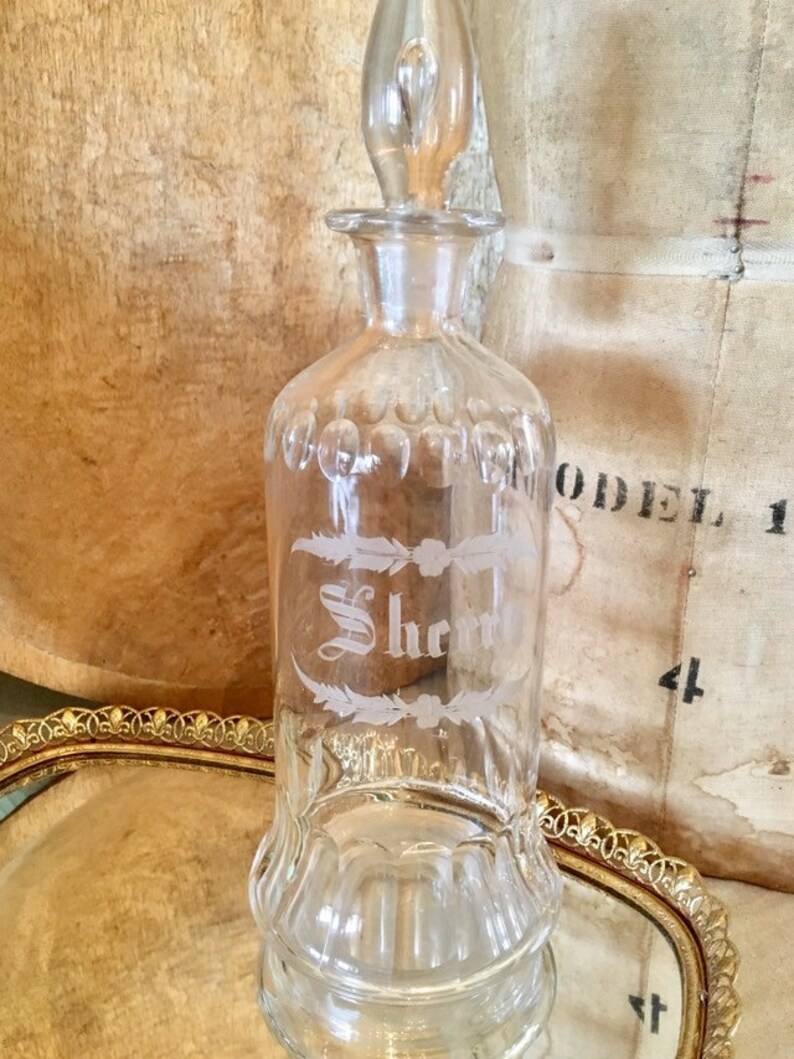 Antique Etched Sherry Decanter Heavy Crystal Etsy