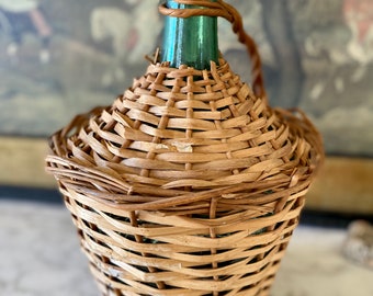 Vintage Mid Century Viresa Demijohn, Green Glass Bottle, LARGE, Wicker Wrapped, Spain