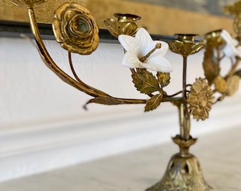 Antique French, 19th Century Gilt-Brass and Milk Glass Floral Candelabra