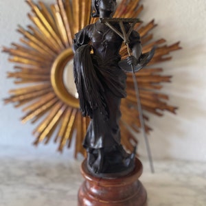 Vintage French Statuary, Retour des Champs, Female Figure on Wood Pedestal, France