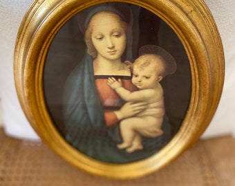 Vintage Italian Florentine Framed Religious Art, Madonna and Child, Gilt Wood Frame