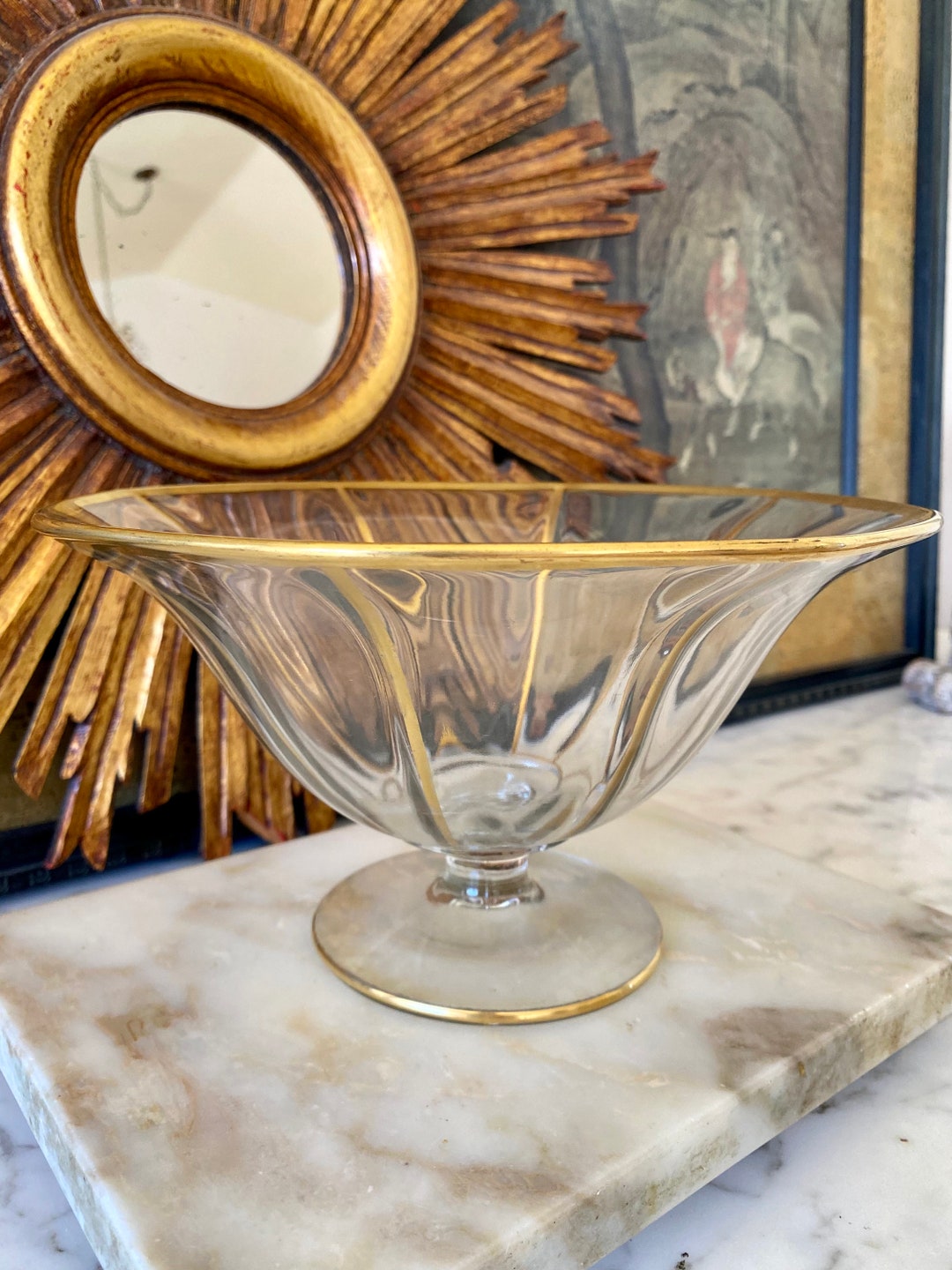 Mid-century Glass Pedestal Compote Footed Bowl, Gilt Trim and Large - Etsy