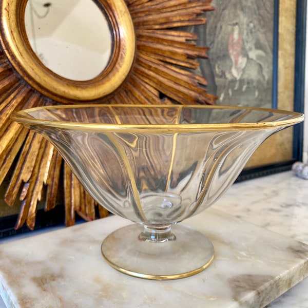 Mid-Century Glass Pedestal Compote Footed Bowl, Gilt Trim and Large