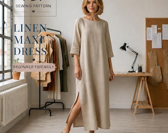 Leinen Maxi Kleid Schnittmuster, anfängerfreundliches Muster, Minimalistisches Langarm Kleid, einfaches DIY Sommerkleid, handgemachtes Kleiderschrank Muster