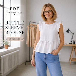 May include: A woman wearing a white ruffle sleeve blouse and blue jeans. The blouse has a round neckline and a peplum waist. The image includes text that reads "PDF Sewing Pattern" and "Ruffle Sleeve Blouse, Beginner Friendly."
