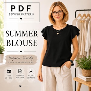 May include: A woman wearing a black summer blouse with ruffled sleeves and beige pants. The image includes text that reads "PDF Sewing Pattern" and "Summer Blouse." The pattern is described as "Beginner Friendly" with sizes XS-3XL.