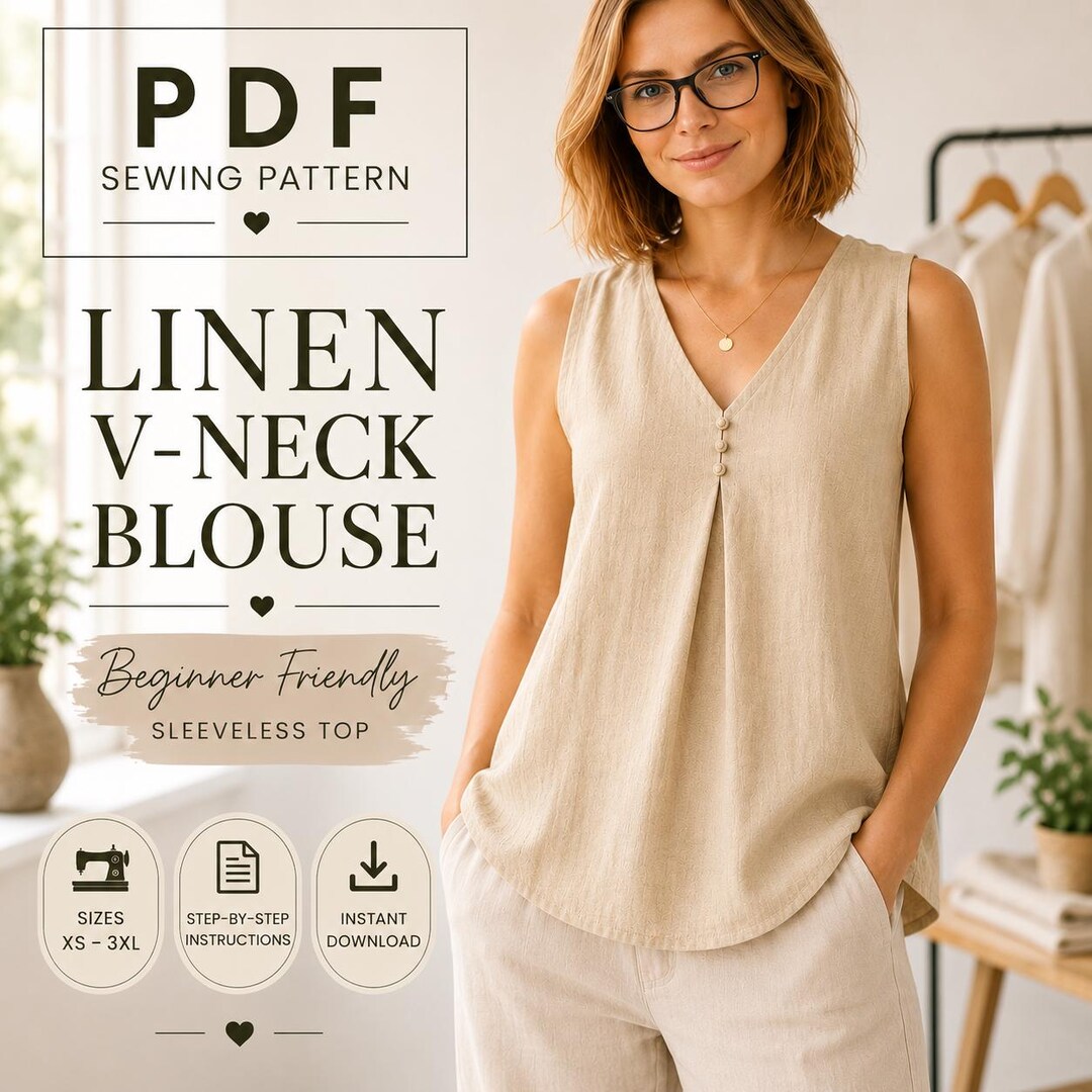 PDF Sewing Pattern for Women Linen V-neck Blouse, Beginner Friendly ...