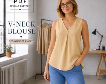 Leinen Bluse mit V-Ausschnitt PDF Schnittmuster , anfängerfreundliches ärmelloses Top (Instant Download)