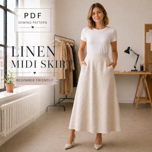 Patrón de costura para falda midi de lino, corte en A, cintura alta, ideal para principiantes (descarga en PDF)