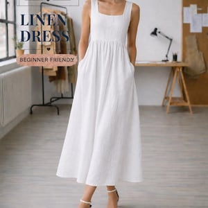 Linen Midi Dress Sewing Pattern, Beginner Friendly Sleeveless Summer Dress (PDF Download)