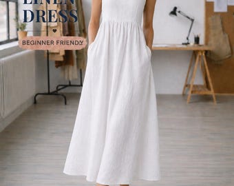 Leinen Midikleid Schnittmuster, anfängerfreundliches ärmelloses Sommerkleid (PDF Download)