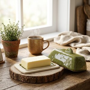Peut inclure: Un beurrier en céramique verte avec un couvercle, à côté d'un plat rectangulaire contenant un bloc de beurre. Le beurrier est posé sur une tranche de bois. Une tasse de café et une plante en pot sont également sur la surface en bois.